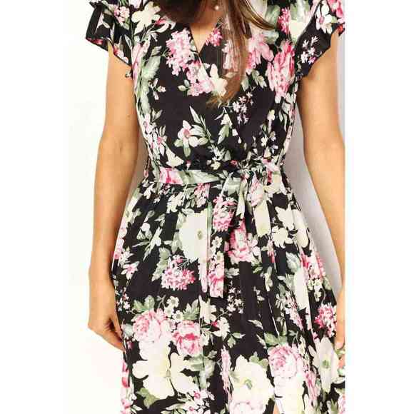 Double Take Floral Flutter Sleeve Tie-Waist Split Dress - Picture 3 of 6